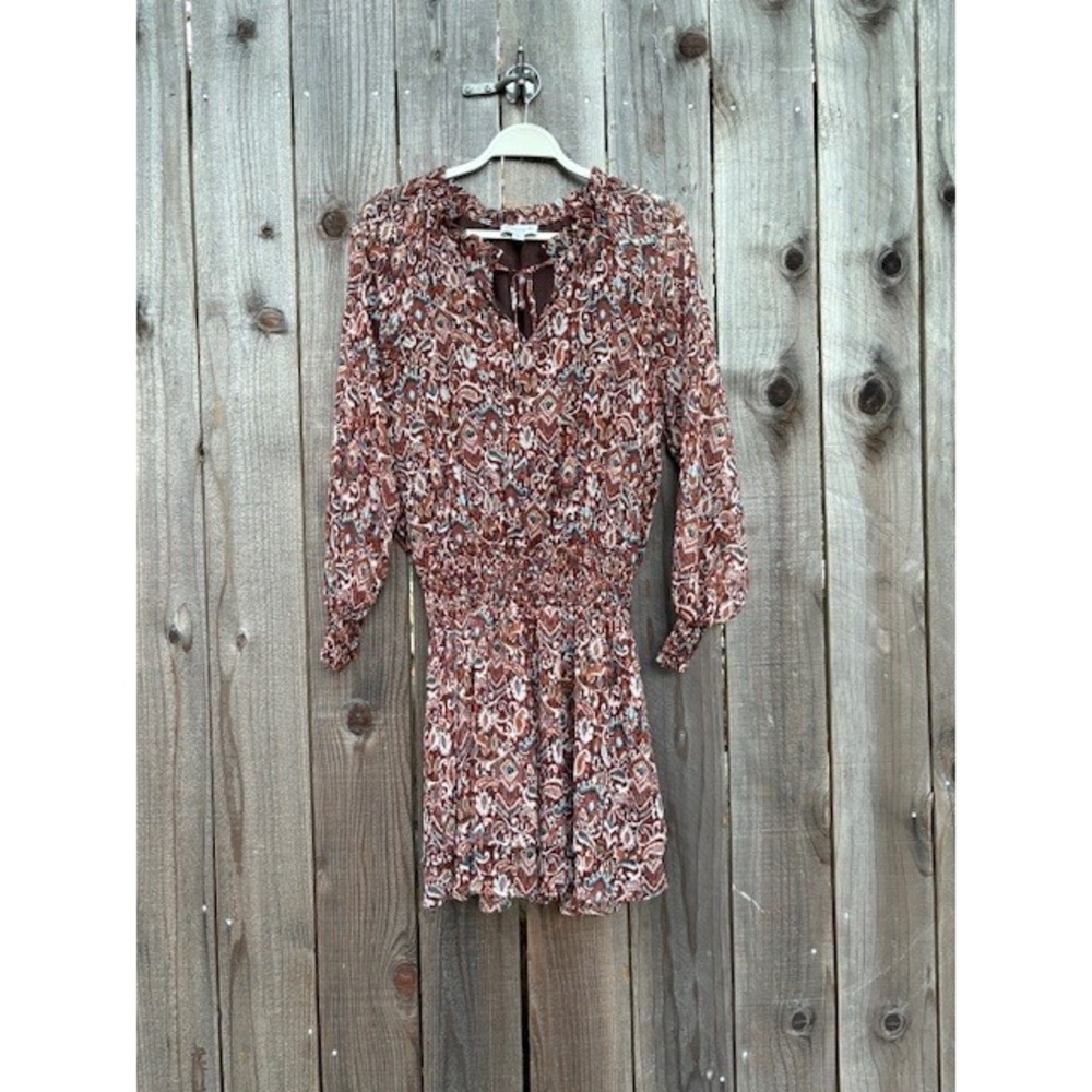 Veronica M‎ Womens Dress L Long Sleeve Brown Multicolor Sheer Boho Chic